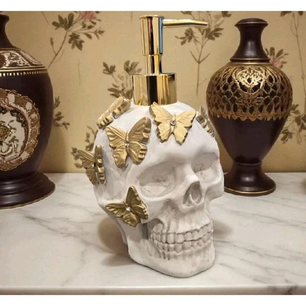 New White Skull W/ Gold Butterflies Halloween Soap Dispenser Spooky Decoration